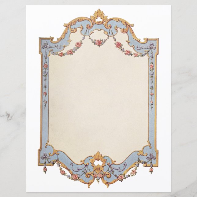 Fancy French Vintage Frame Blue Gold Scroll Rose  (Front)