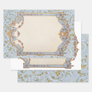 Fancy French Vintage Frame Blue Gold Scroll Rose Wrapping Paper Sheet