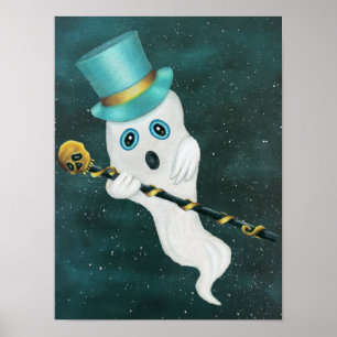 Fancy Ghost Silly Face Top Hat Cane Starry Sky Poster
