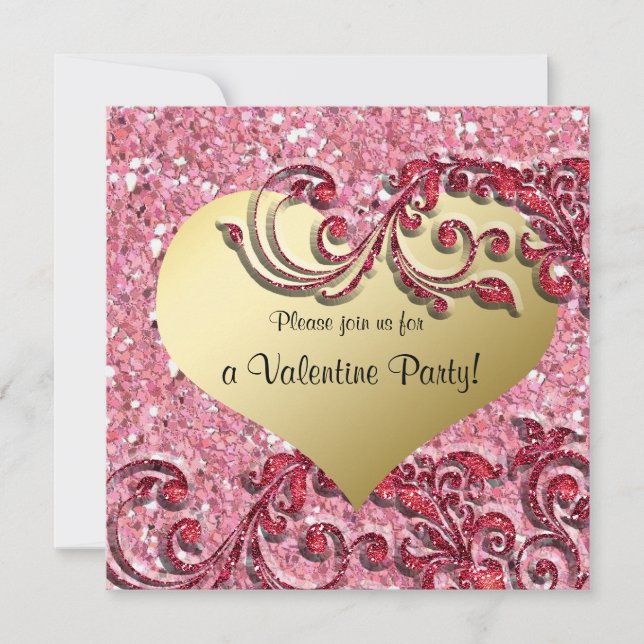 Fancy Glitter Gold Heart Valentine Invitation (Front)
