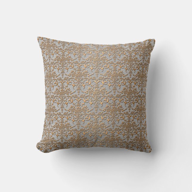 Fancy Gold and Grey Damask Pattern Cushion (Front)