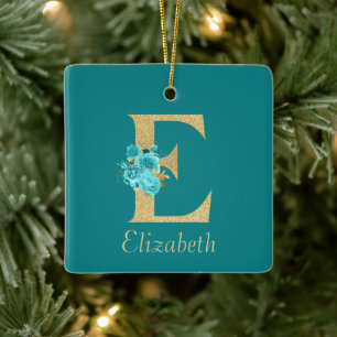 Fancy Gold & Aqua Floral Letter E  Ceramic Ornament