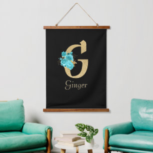 Fancy Gold & Aqua Floral Letter G Hanging Tapestry