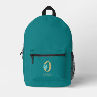 Fancy Gold & Aqua Floral Letter O Printed Backpack