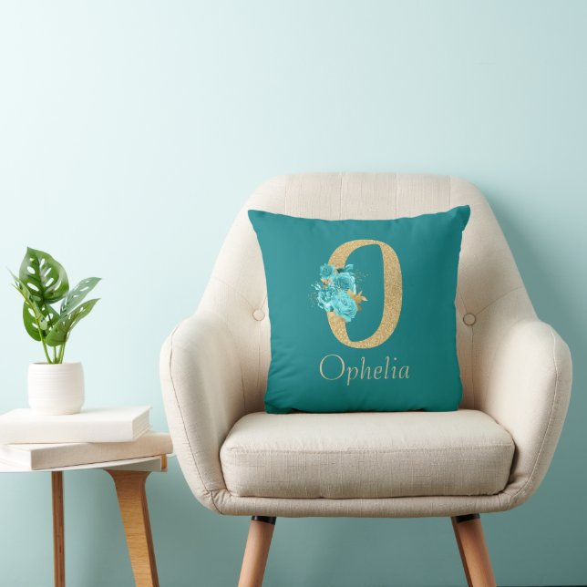 Fancy Gold & Aqua Floral Letter O Throw Pillow (Chair)