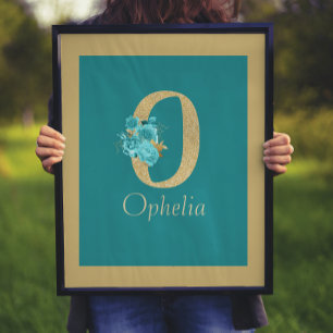 Fancy Gold & Aqua Floral Letter O Wall Print