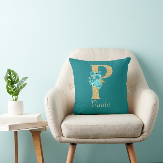 Fancy Gold & Aqua Floral Letter P Throw Pillow (Chair)