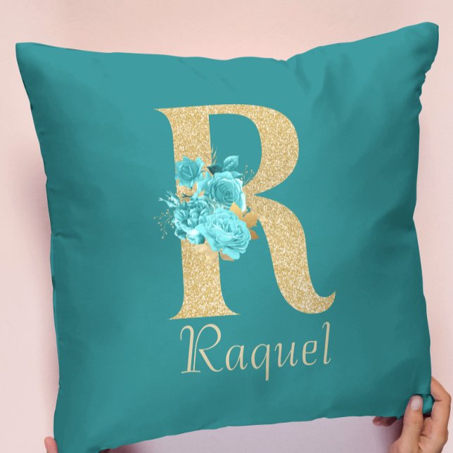Fancy Gold & Aqua Floral Letter R Throw Pillow (Creator Uploaded)
