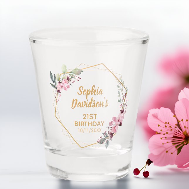 Fancy Gold Cherry Blossom Name Date 21st Birthday Shot Glass (Cheers to 21st Birthday 🌸🌸🌸)