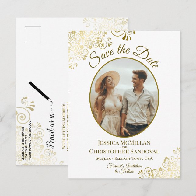 Fancy Gold Curls Wedding Save the Date Oval Photo Announcement Postcard (Front/Back)