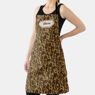 Fancy Gold Leaf Filigree Pattern Brown Apron
