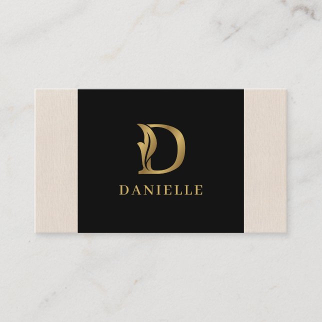 Fancy Gold Letter D Monogram On black and linen Business Card (Front)