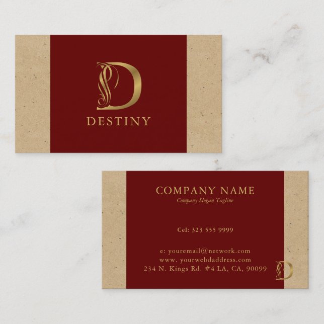 Fancy Gold Letter D Monogram On Red and Cardboard Business Card (Front/Back)