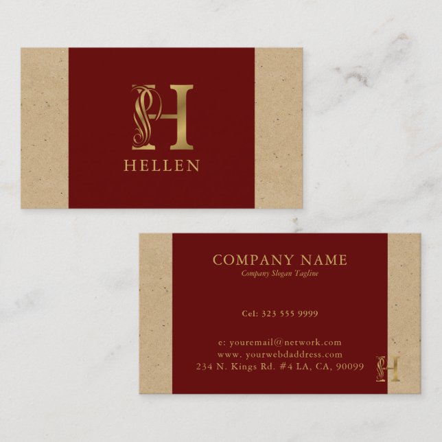 Fancy Gold Letter H Monogram On Red and Cardboard Business Card (Front/Back)