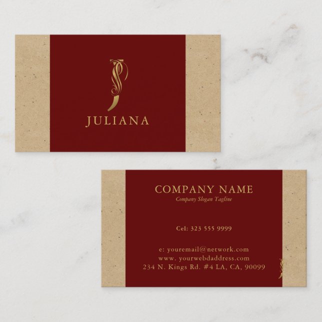 Fancy Gold Letter J Monogram On Red and Cardboard Business Card (Front/Back)