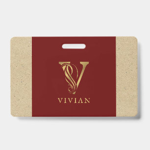 Fancy Gold Letter V Monogram On Red and Cardboard ID Badge