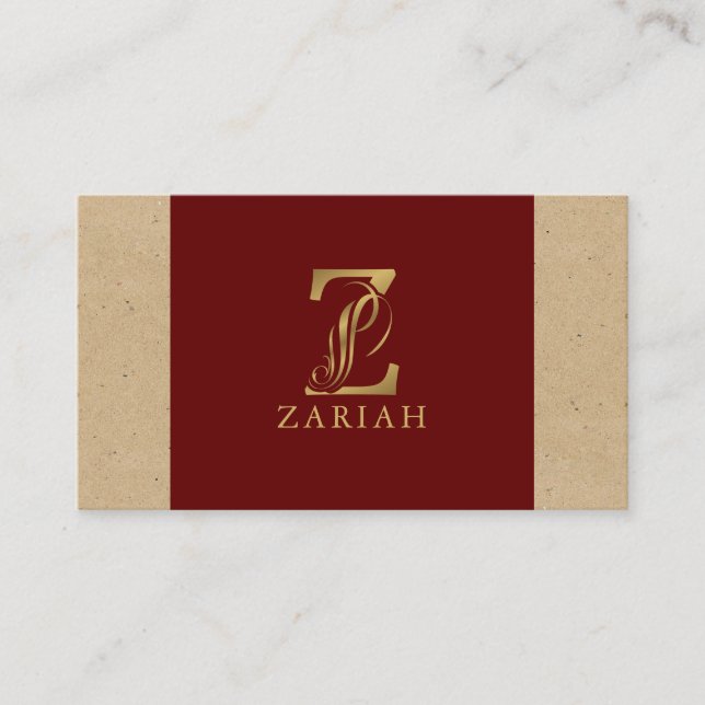 Fancy Gold Letter Z On Red and Beige Linen Business Card (Front)