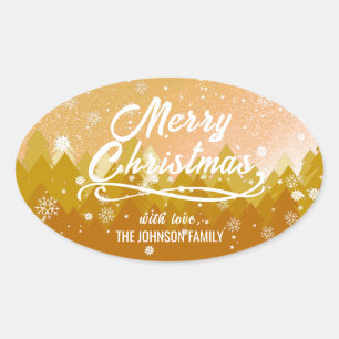 Fancy Gold Peaceful Snow Forest Merry Christmas Oval Sticker