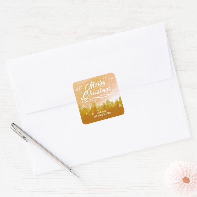 Fancy Gold Peaceful Snow Forest Merry Christmas  Square Sticker (Envelope)