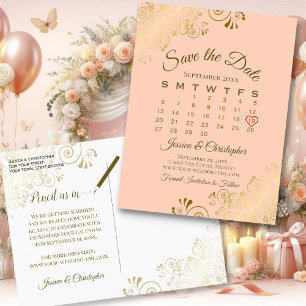 Fancy Gold & Peach Wedding Save the Date Calendar Announcement Postcard