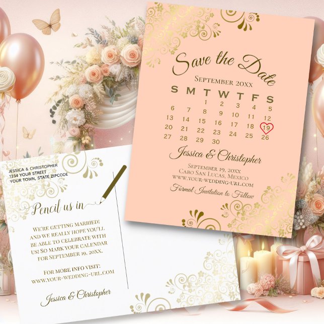 Fancy Gold & Peach Wedding Save the Date Calendar Announcement Postcard (Front/Back)