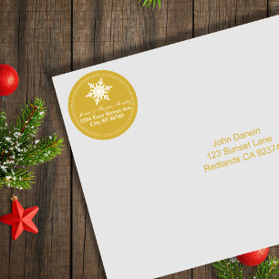Fancy Gold White Snowflake Christmas Address  Classic Round Sticker