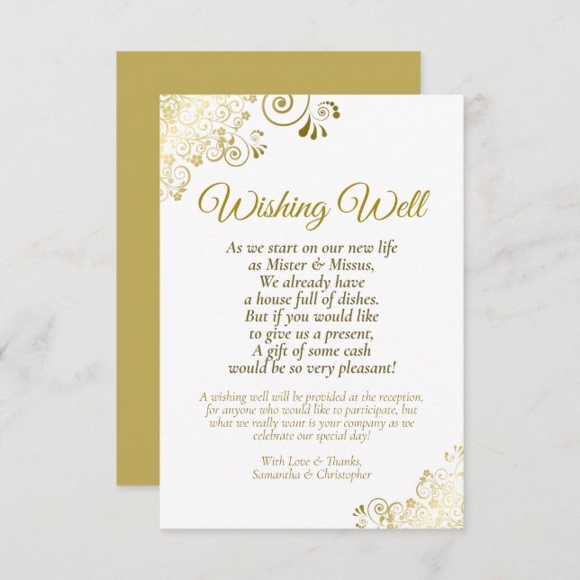 Fancy Gold & White Wedding Wishing Well Poem Enclosure Card (Front/Back)