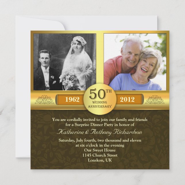 fancy golden 50 anniversary photo invitations (Front)