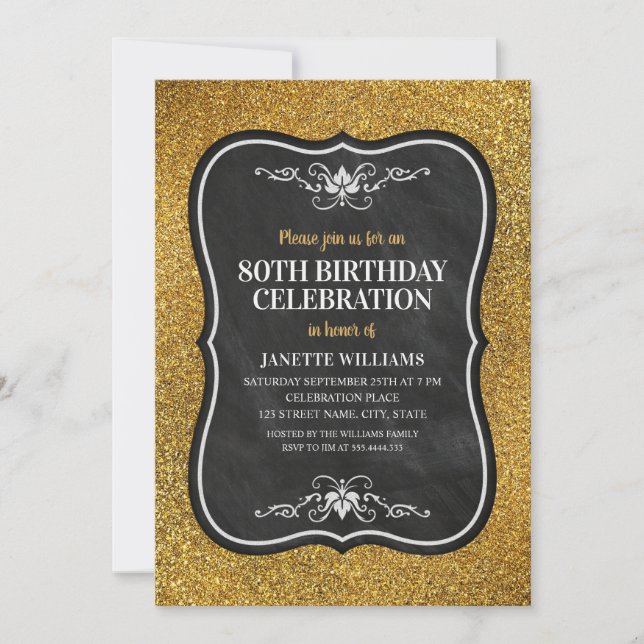 Fancy Golden Glitter Adult 80th Birthday Party Invitation (Front)