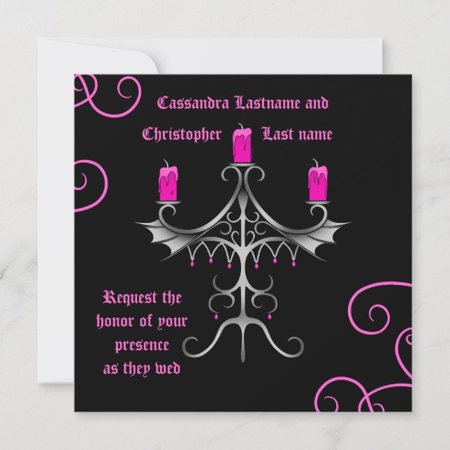 Fancy Gothic candelabra hot pink on black bridal Invitation (Front)
