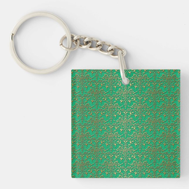Fancy Green and Gold Damask Pattern Key Ring (Front)