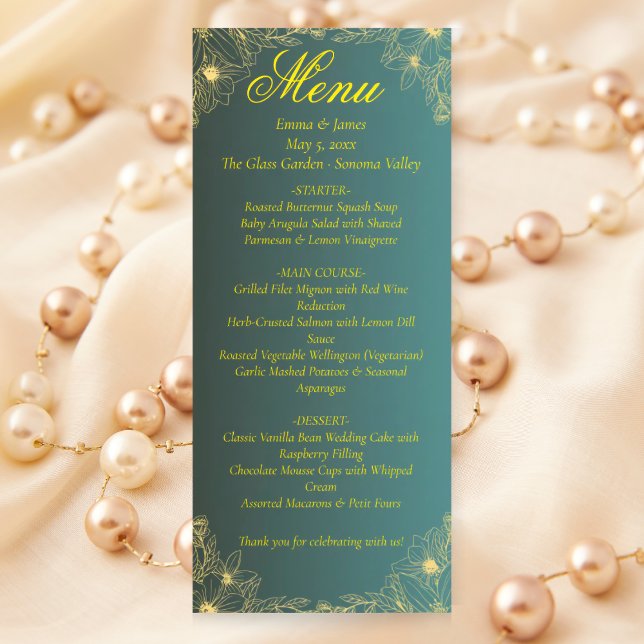Fancy Green and Gold Floral Wedding Menu Card (Creator Uploaded)