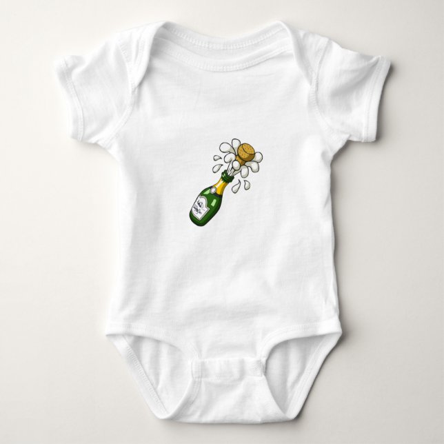 Fancy Green Cartoon Champagne Bottle Popping Cork Baby Bodysuit (Front)