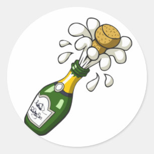 Fancy Green Cartoon Champagne Bottle Popping Cork Classic Round Sticker