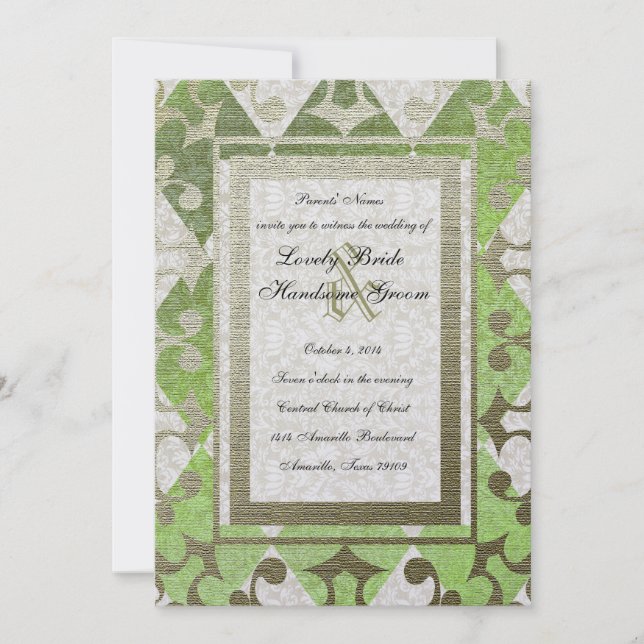 Fancy Green Gold Harlequin Mediaeval Wedding Invitation (Front)
