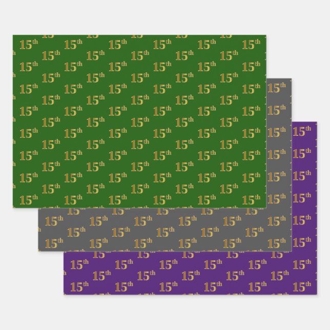Fancy Green, Grey, Purple, Faux Gold 15th Event # Wrapping Paper Sheet (Set)