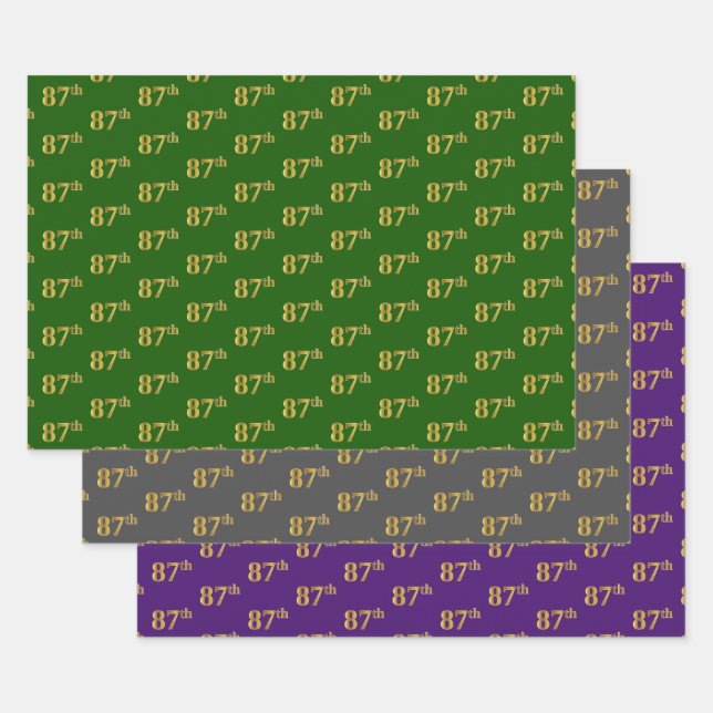 Fancy Green, Grey, Purple, Faux Gold 87th Event # Wrapping Paper Sheet (Set)