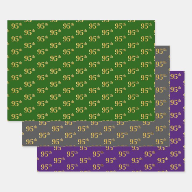 Fancy Green, Grey, Purple, Faux Gold 95th Event # Wrapping Paper Sheet (Set)