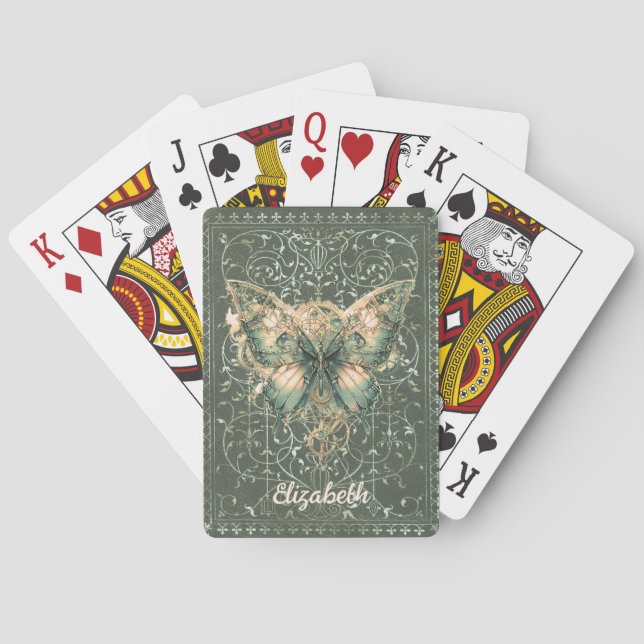 Fancy Green Steampunk Butterfly Personalised Playing Cards (Back)