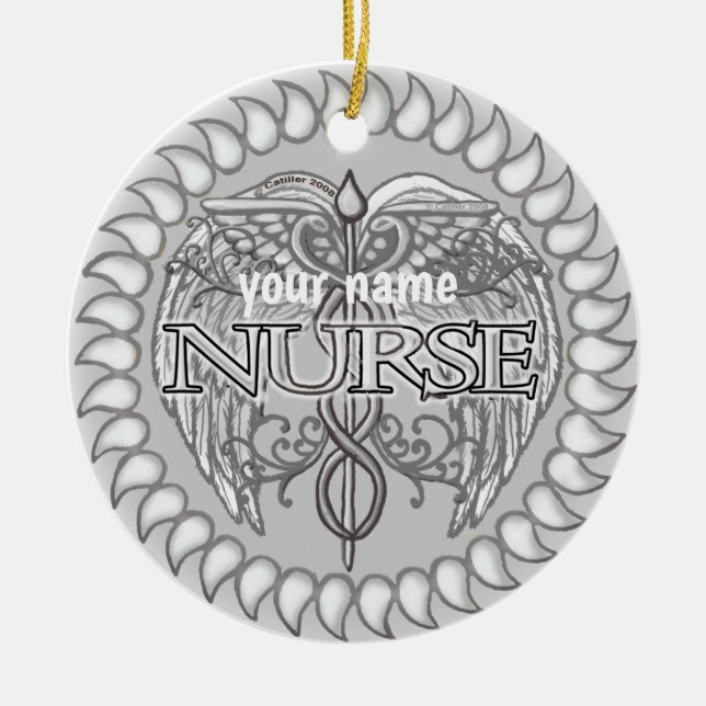 Fancy grey caduceus nurse  ceramic tree decoration (Front)
