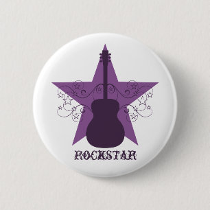 Fancy Guitar Star Swirls Button, Purple 6 Cm Round Badge