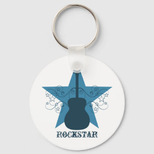 Fancy Guitar Star Swirls Keychain, Royal Blue Key Ring