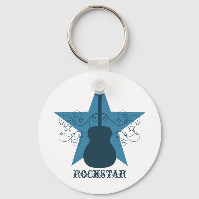 Fancy Guitar Star Swirls Keychain, Royal Blue Key Ring (Front)