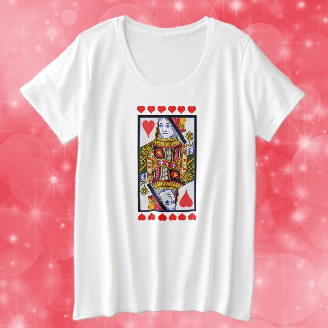 Fancy Heart Queen on Playing Card Red Hearts Plus Size T-Shirt (Heart Queen colourful and ornate playing card with red hearts on white plus sized womans tee shirt.)