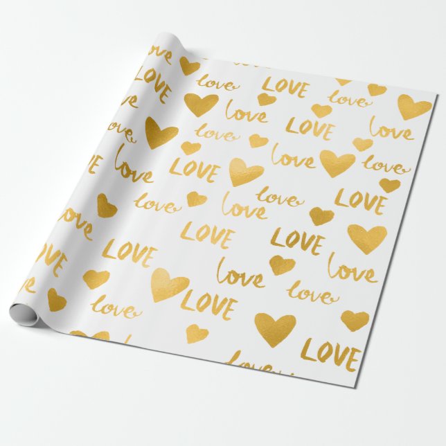 Fancy Hearts Gold White Love Confetti Valentine Wrapping Paper (Unrolled)