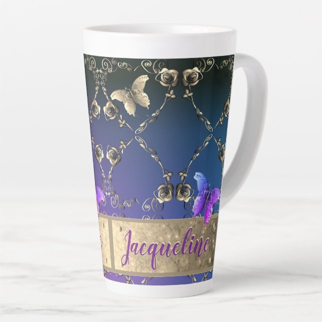 Fancy Hearts Purple Gradient w/Name  Latte Mug (Right Angle)