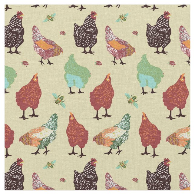 Fancy hens, bees, grasshoppers fabric (Close Up)