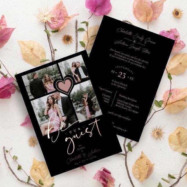 Fancy Lace Pink Heart 4 Multi Photos Be our Guest (Fancy Lace Pink Heart 4 Photos Collage Be our Guest Quote Wedding Metallic Foil Invitation Card.)