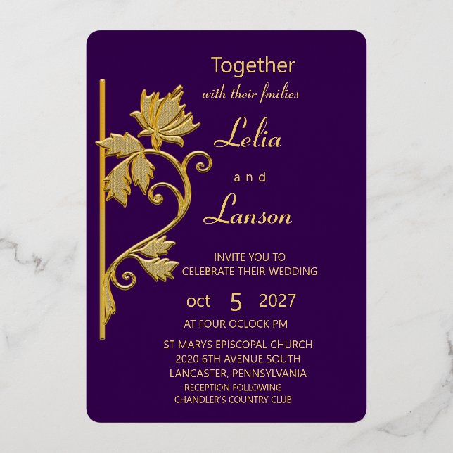 Fancy Leaf Motif Foil Wedding Invitation (Front)