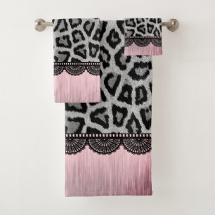 Fancy Leopard and Lace with Pink Blush  Bath Towel Set